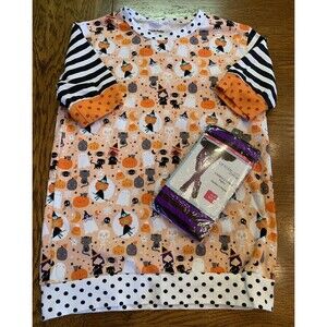 New!  Girl’s Medium 7/10 Halloween Shirt Dress & Striped Tights Adorable Bundle